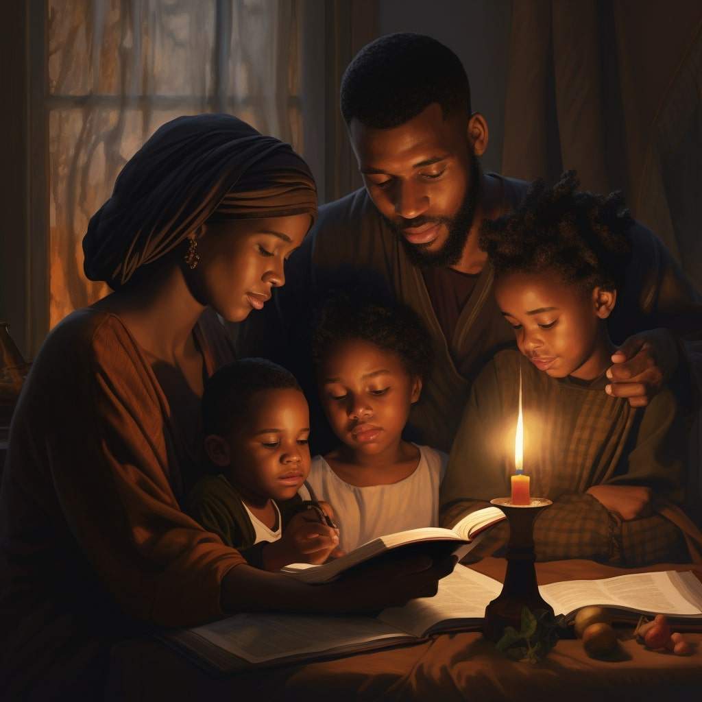 A family studiying the Bible